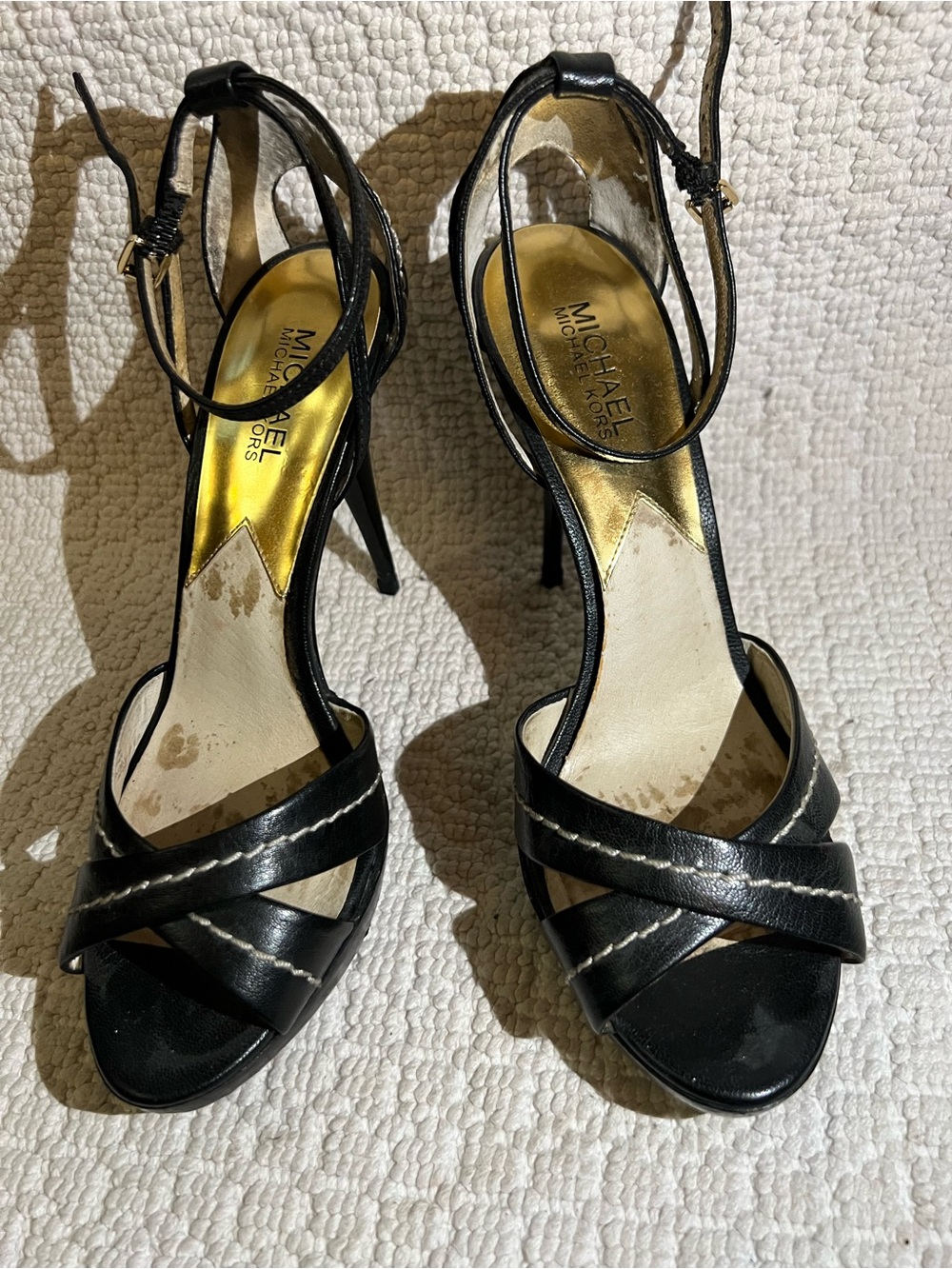 Michael Kors Deep Navy Blue/Black Strappy Leather Ankle-Heel Sandals-Size 9.5